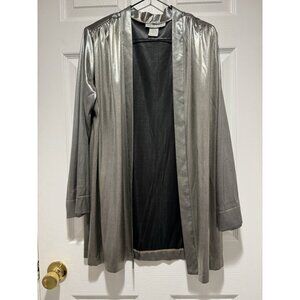 Vntg Apparenza Size M Silver Metallic Shiny Open Duster Cardigan Shoulder Pads